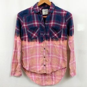 Abercrombie & Fitch Flannel Shirt Ombre Plaid Custom Bleach Dipped Hi Low Hem S